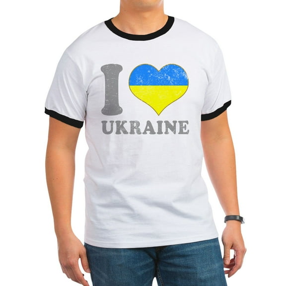 CafePress - I Love Ukraine Native Ukrainian Flag T Shirt - 100% Cotton Ringed T-Shirt