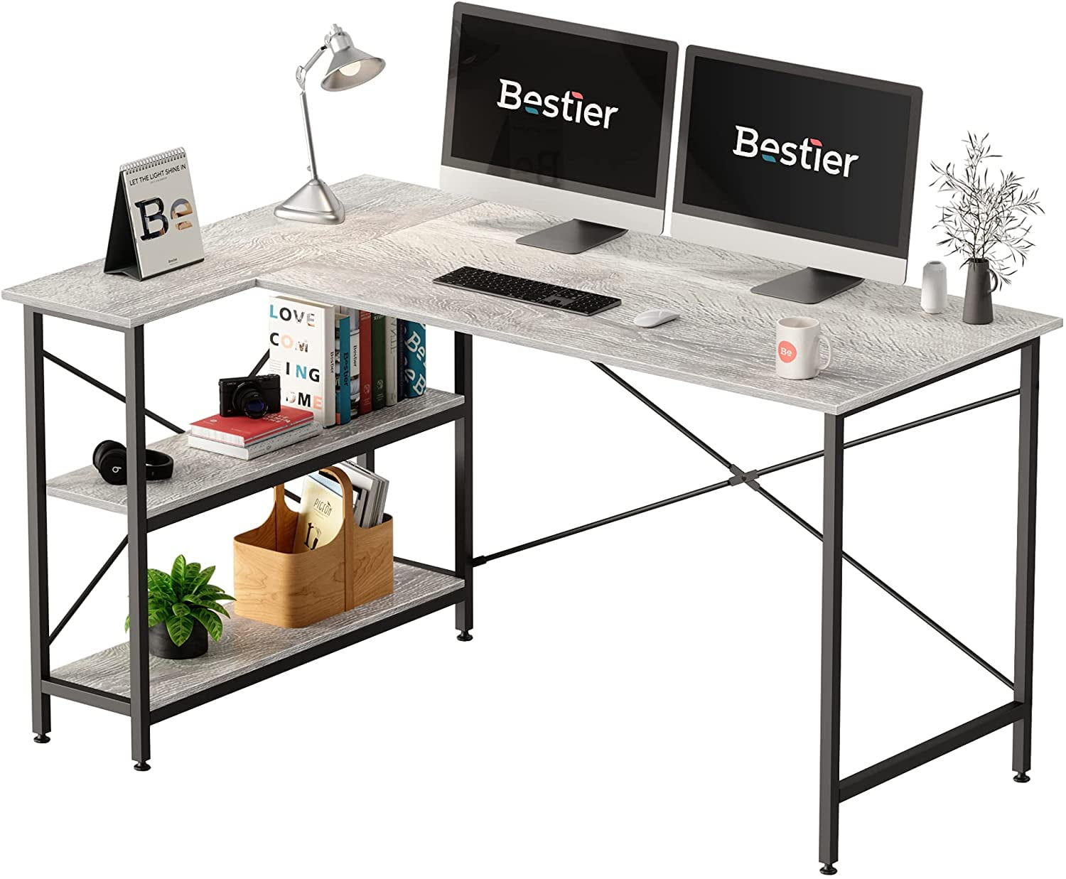 Bestier L Shaped Computer Desk with Storage Shelves (Wash White, 55