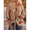 thumbnail image 4 of Womens Tie Front Cardigan Cute Cherry Open Front Y2k Sweater Oversized Chunky Knit Cardigan Tops Khaki XL, 4 of 7
