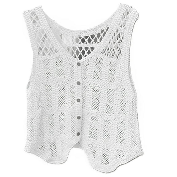 Women Spring Summer Crochet Sleeveless Sweater Vest Waistcoat Scoop Neck Button Down Hollow Out Knit Mesh Tank Top Cardigan Jacket Outerwear