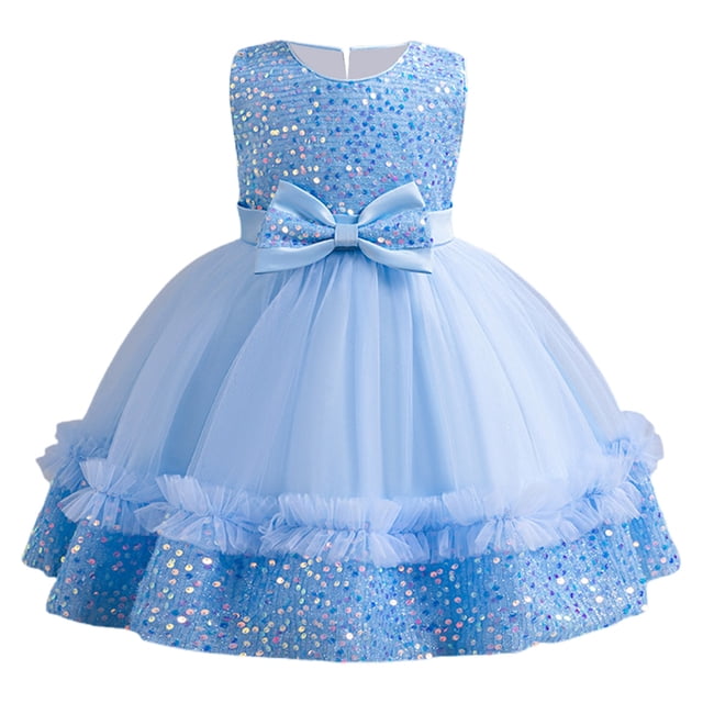Yanlir Robe en Sequins pour Fille Sans Manches Col Rond Robe de Fête Scintillante, Tenue d'Été à la Mode pour Enfants, Style Princesse Tenue Décontractée Respirante pour les Vacances (Bleu, 2-3 Ans)