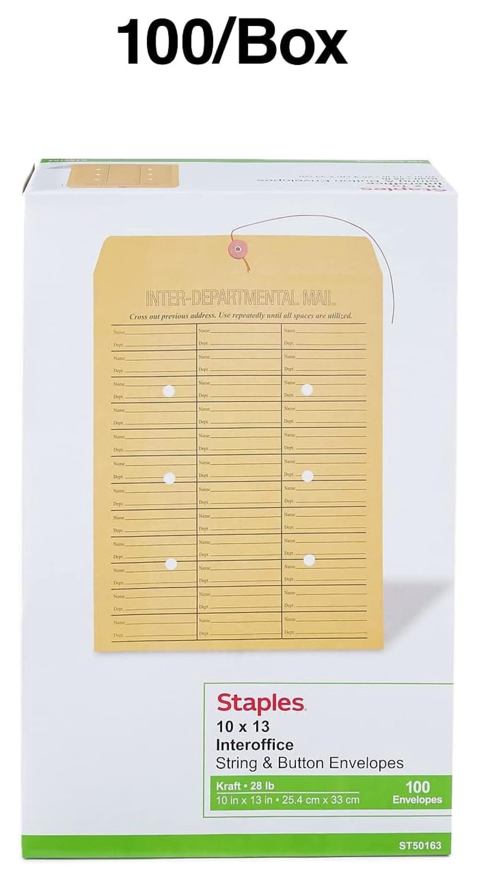 Interoffice Envelopes 10x13, Button & String Closure, Brown Mail Envelopes 100 Pack, Reusable Office Envelopes for Document Mailing, Business & School Use