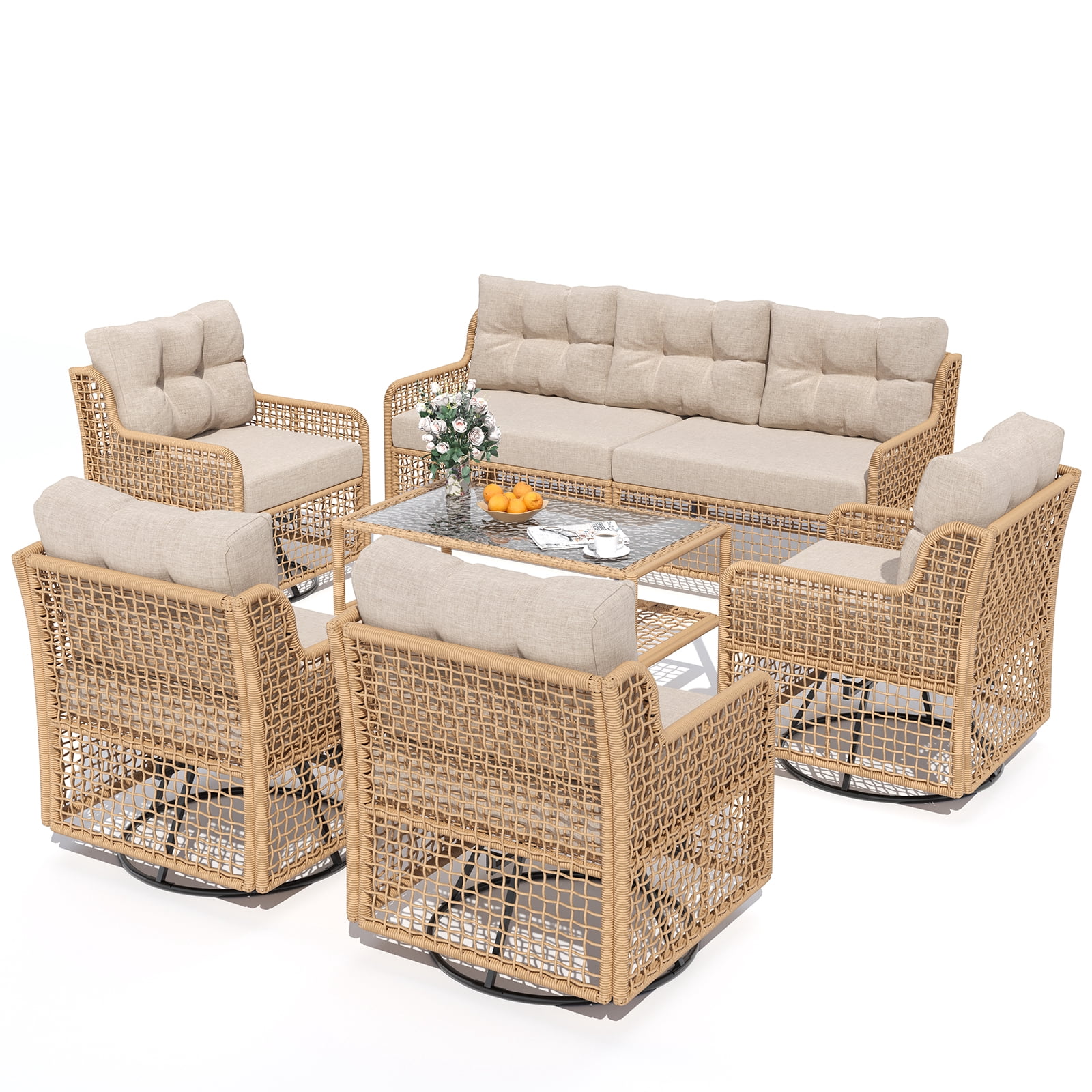 ELPOSUN 7-Seat Outdoor Patio Furniture Set, Wicker Rattan Outdoor Furniture Set with Swivel Chairs & All-Weather Thickened Cushions for Garden, Porch, Backyard, and Poolside, Beige