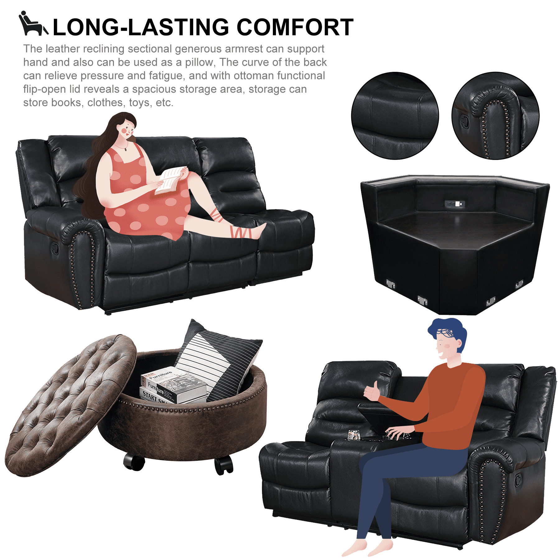 Nathaniel Home 2 Piece Modern Upholstered Leather Multifunctional Sectional Living Room Sofa Set Black and Brown