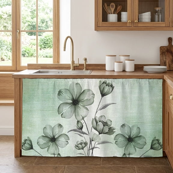 Green Floral Cabinet Curtain 28"Wx51"L,Dustproof Storage Cabinet Curtain with Self Adhesive Tape,Country Rustic Ombre Painting Art Watercolor Tall Pantry Cover Drape for Kitchen,Utility Closet