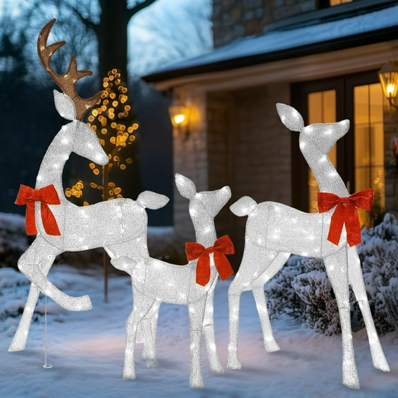 Starfree 4.5ft 3-Piece Lighted 2D Christmas Deer Set Outdoor Yard Decorations Large White Reindeer Family Christmas Lawn Decorations with LED Lights