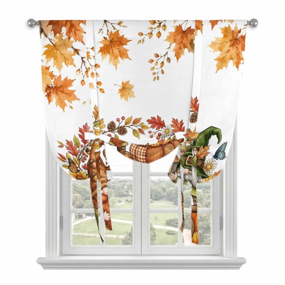 Fall Gnomes Tie Up Curtains for Windows, Adjustable Balloon Window Shades, Thanksgiving Maple Branch Berries Florals Farm Kitchen Window Treatments Farmhouse Short Curtains with Rod Pocket 42"x45"