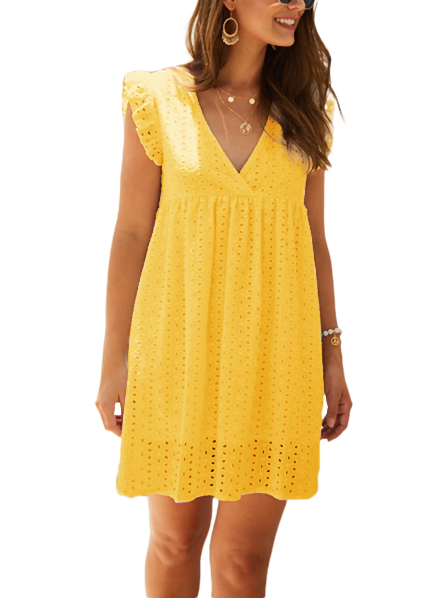 Polinkety Hollow Out Sundress for Women Summer Casual Flying Sleeve V
