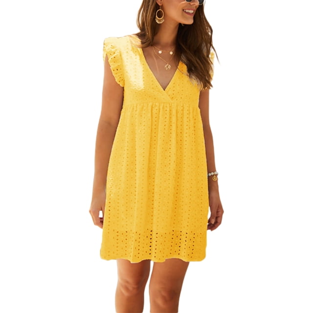 VISgogo Vestido casual para mujer, manga voladora, cuello en V, ahuecado, color sólido, suelto, vestidos acampanados VISgogo moda
