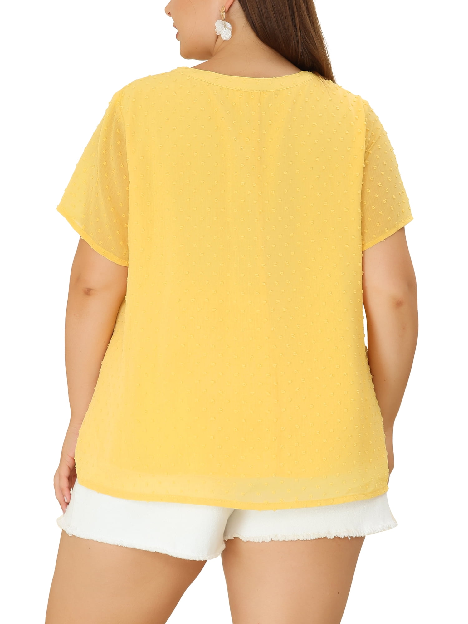Unique Bargains Women's Plus Size Outfits Fashion Solid Pin Dots V Neck Top 3X Yellow