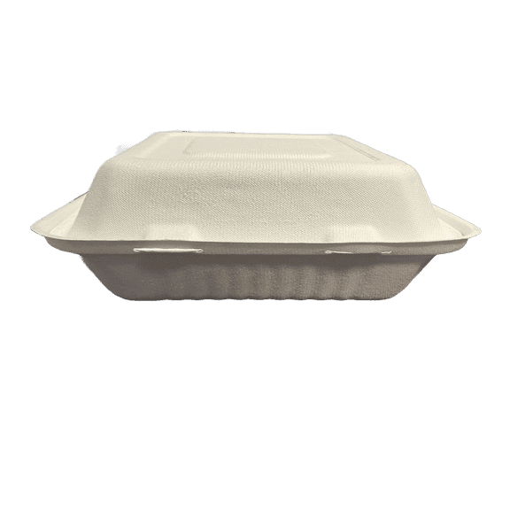 9"X9" HINGED WHITE PAPER BOX,MICROWAVABLE, NATURAL BAGASSE