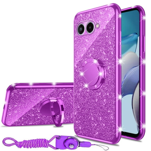 nancheng for T-Mobile Revvl 8 5G Case Girls Women Cute Glitter Soft TPU Phone Case with Ring Stand Strap Lanyard Bumper Shockproof Protective Cover - Purple