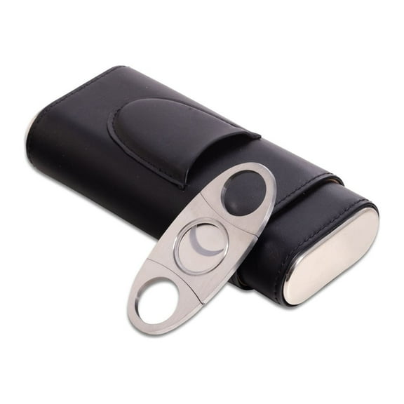 Black Leather Three Cigar Holder with Stainless Steel Cutter