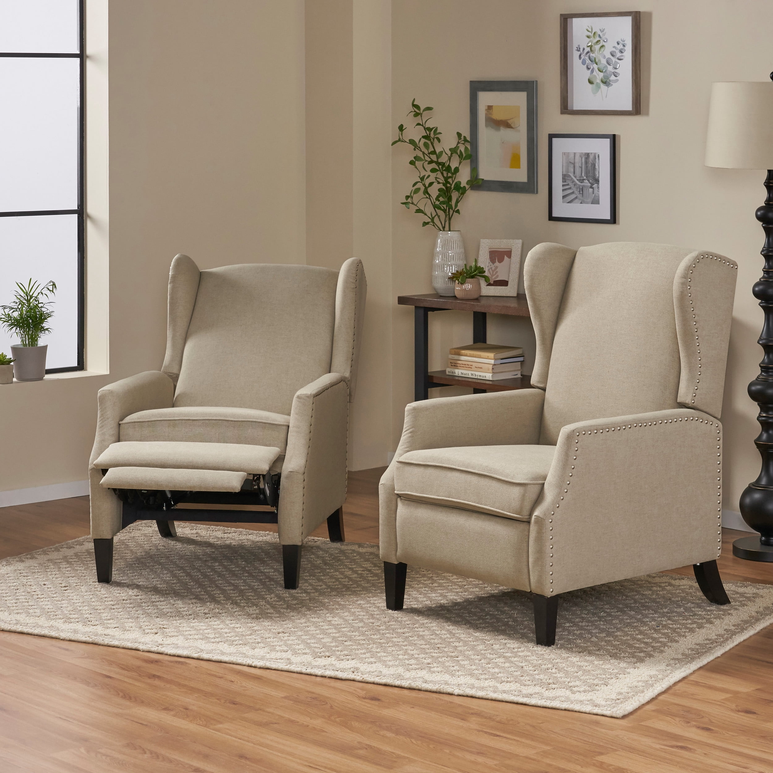 Noble House Wescott Fabric Wing Back Recliner, Set of 2, Beige