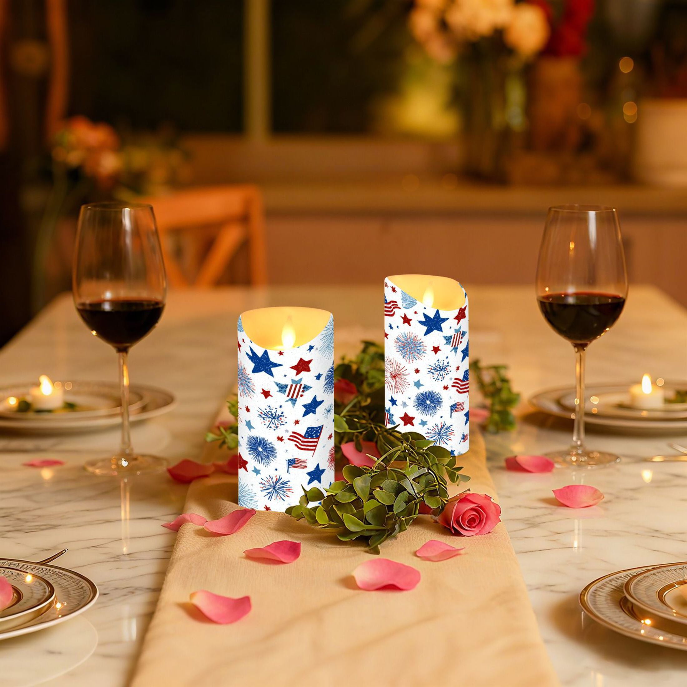 2 PCS Tilted Flameless Candles Flickering LED Lights Battery Operated Candles with Remote Timers for Holiday Decor Fireworks and Flag