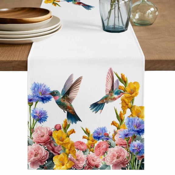 Hummingbirds Cotton Linen Table Runner for Dining Kitchen, Spring Summer Watercolor Flowers Plant Wedding Outdoor Party Tablerunners Decoration, Dresser Scarf Coffee Tablecloth Runners 13x70 Inches