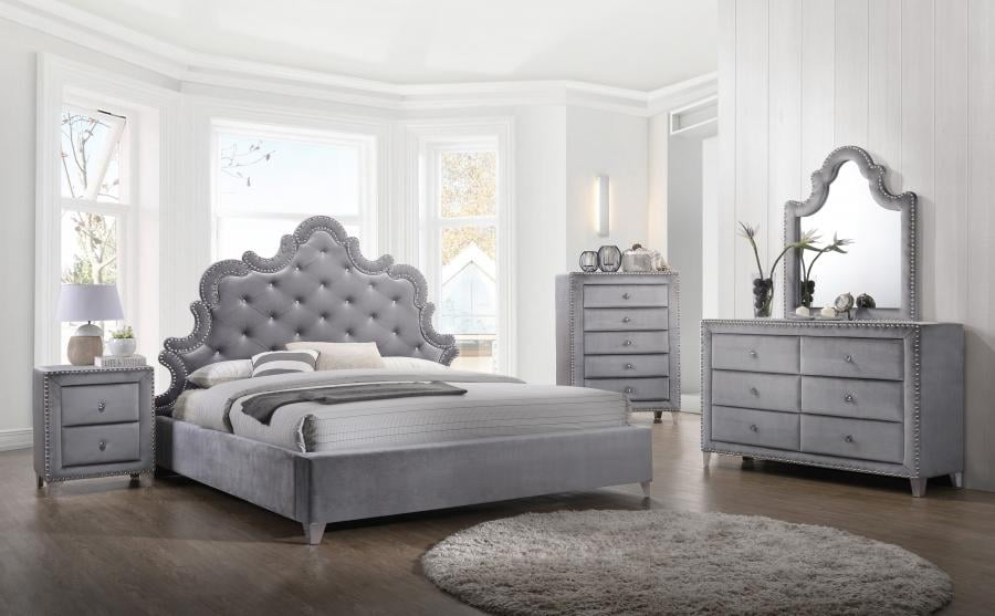 Meridian Furniture Sophie Grey Velvet Queen Size Bedroom Set 5Pcs ...