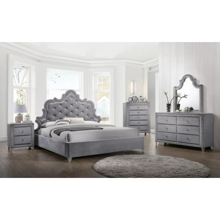 Meridian Furniture Sophie Grey Velvet Queen Size Bedroom Set 5pcs Contemporary
