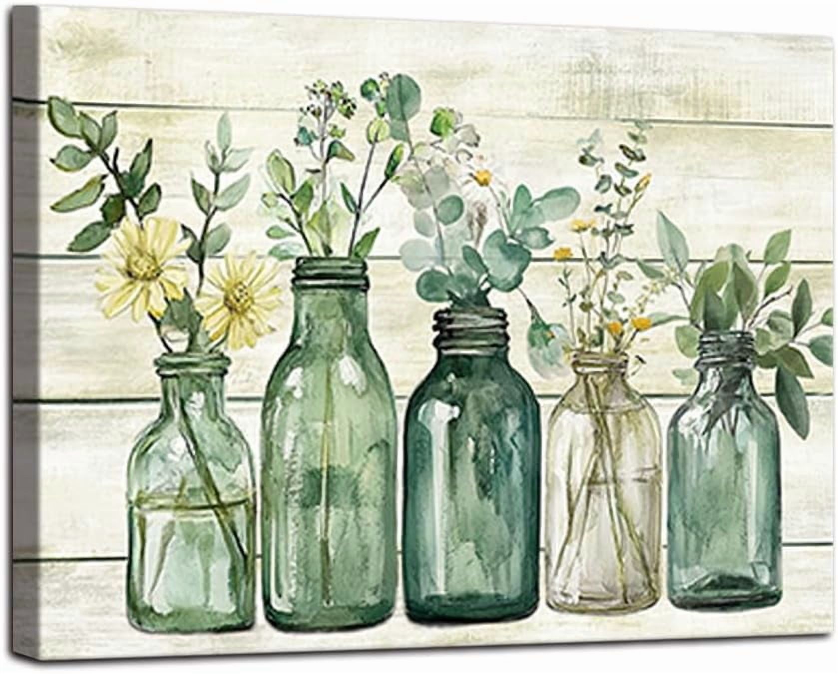 Rustic Bathroom Decor Eucalyptus Flower Canvas Wall Art Green Botanical Prints Plant Floral Glass Vase Painting Bathroom Picture Wall Decor Farmhouse Artwork 12x16inch