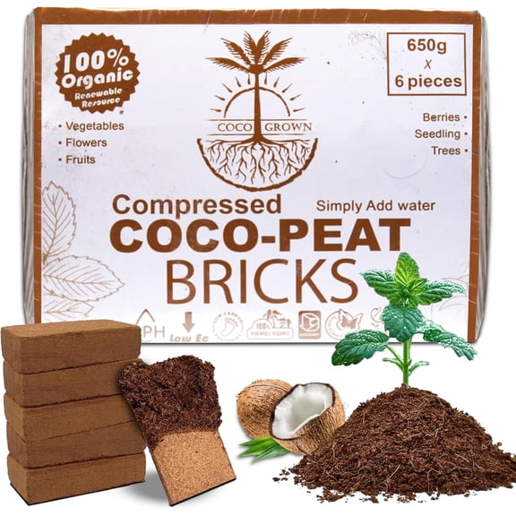 Compressed Coco Coir Bricks  100% Organic, 650g x 6 Bricks  Expands to 8L Each, Eco-Friendly, Biodegradable, No Chemicals  Ideal for Vegetables, Fruits, Flowers, Seedlings