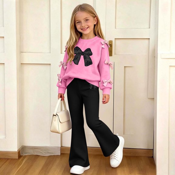 FSYBOA Girls Fall Outfit Set Size 10-12, 2 Piece Long Sleeve Relaxed Crew Neck Graphic Tops and Flare Leg Pants Hot Pink