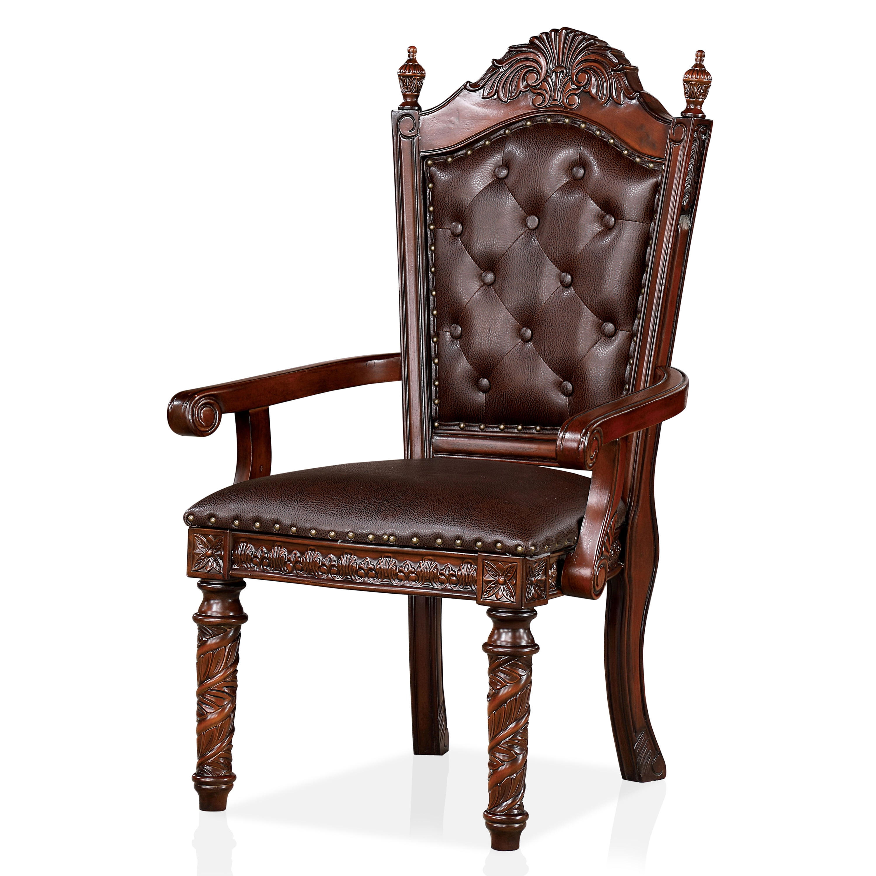 Furniture of America Rukia Tufted Indoor Faux Leather and Wood Brown Cherry Arm Chairs (Set of 2)