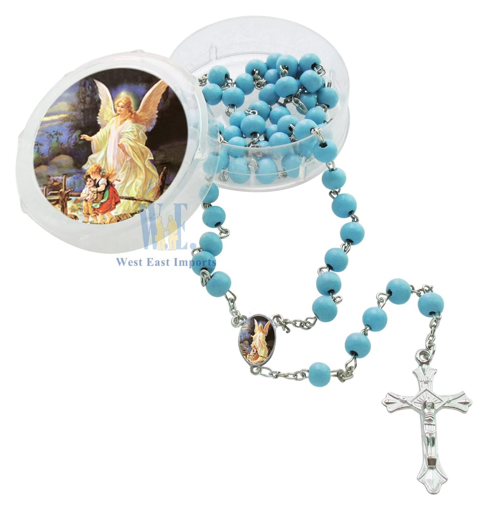 Baptism First Communon Blue Scented Wood Rosary Favor - 12pcs Angel Rosaries with individual Gift Box and Decorated Pouches