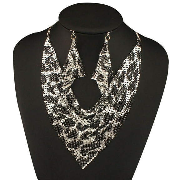 harmtty 2Pcs/Set Women Triangular Scarf Sequins Charm Statement Bib Necklace Earrings,Silver Black