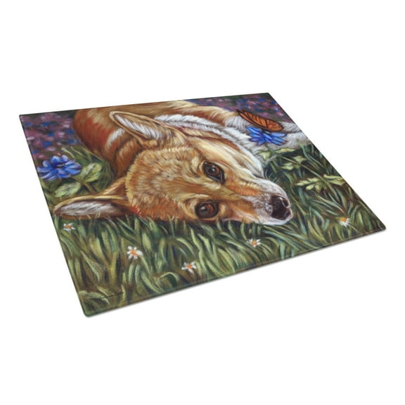 Caroline's Treasures Corgi Pastel Butterfly Glass Cutting Board Large