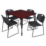 Regency Kee 48" Square Height Adjustable Classroom Table - Mahogany & 4 Zeng Stack Chairs- Black