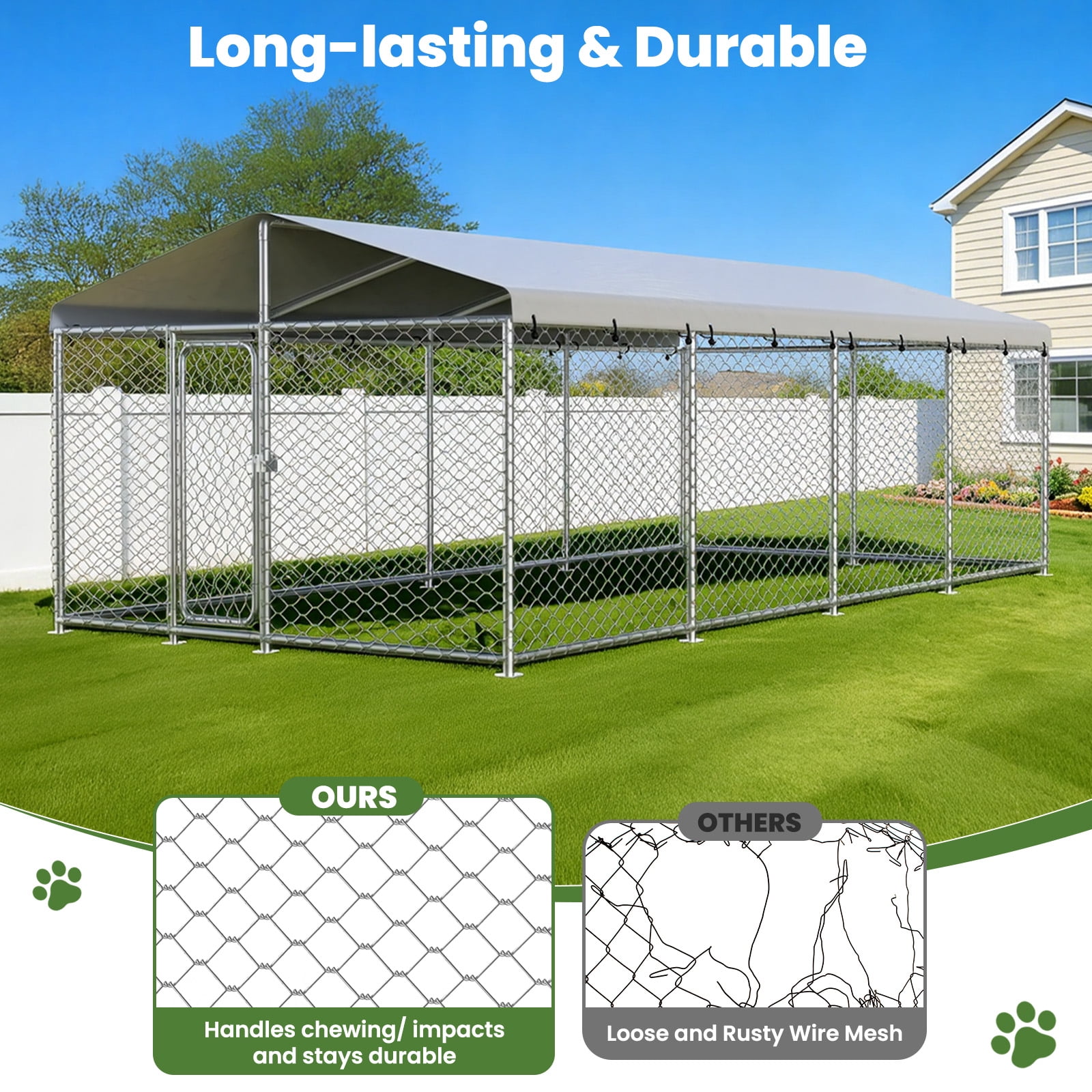 YOKWOK 20x10ft Outdoor Dog Kennel Heavy Duty Metal Dog Pet Enclosure, with Galvanized Steel Fence and Metal Gate, UV Waterproof Sun Resistant Roof Cover and Secure Lock