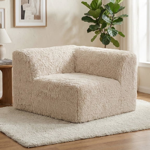 Furniture of America Pom Modern Faux Fur Modular Compressed Corner Chair, Sand Beige