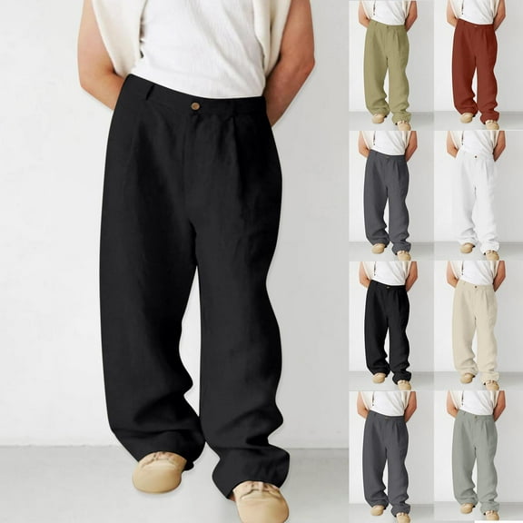 ZZwxWA Mens Linen Dress Pants Business Casual Summer Beach Wedding Suit Pants Regular Fit Wide Leg Lounge Trousers Slacks Sale