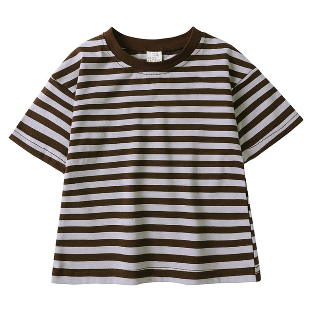 XASZHN T-Shirts à Manches Courtes Rayés d'Été pour Filles et Garçons, Col Rond Tendance, Blouse Décontractée Marron_001 8-9 Ans