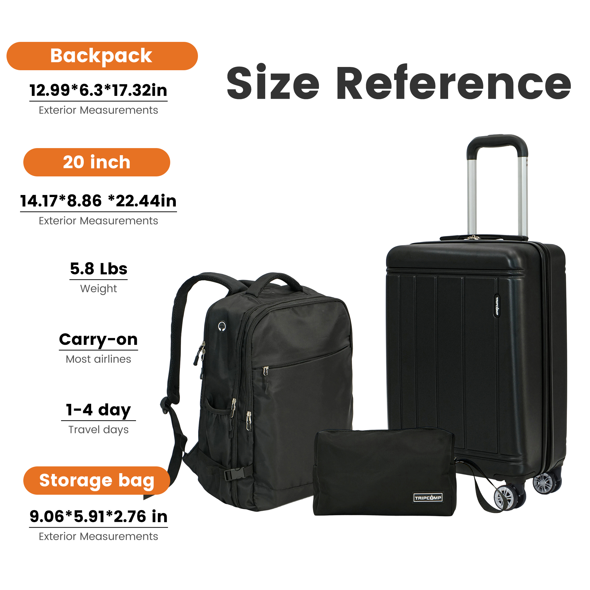 Tripcomp 3-Piece Hardside Carry-On Luggage Set, Black photo 8