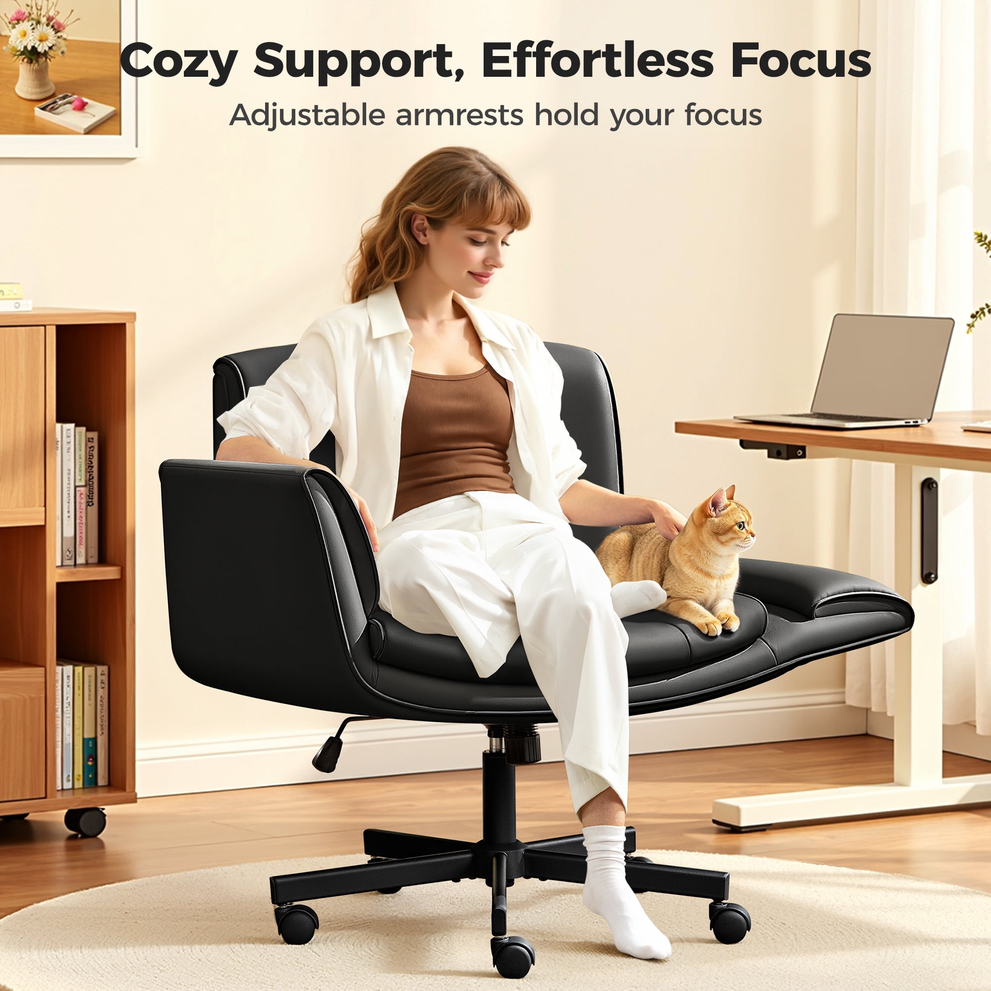 COOLHUT Criss Cross Office Chair, PU Leather Vanity Chair with Armrests and Wheels, Comfy Adjustable Swivel Ergonomic Criss Cross Chair for Home Office Bedroom Makeup, Black