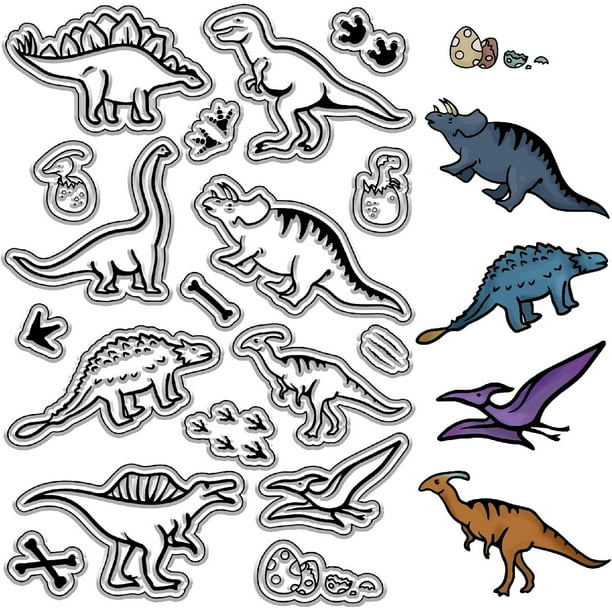 Sellos transparentes de dinosaurios: huesos, huellas de patas, huevos de dinosaurio. Sellos de silicona transparentes reutilizables de estilo retro.