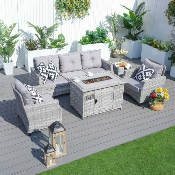 Direct Wicker Gray 5-Piece Patio Fire Pit Conversation Set Wicker Sectional Sofa