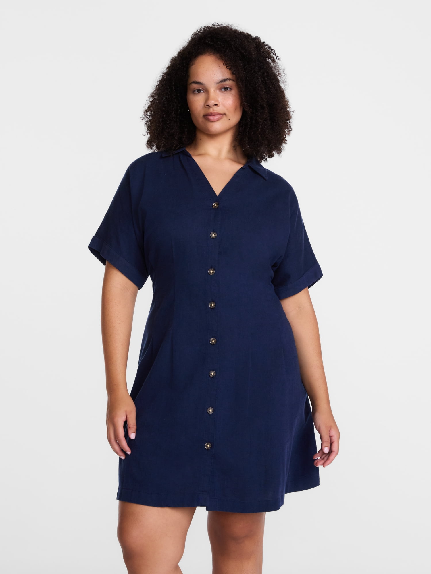 Time and Tru Women's Linen Blend Pleated Mini Shirtdress with Short Sleeves, Sizes XS-XXXL
