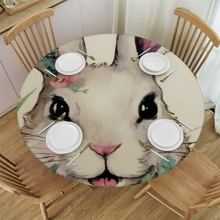 

Patifu Rabbit Flowers Whimsical Round Tablecloth with Elastic Edge 100% Polyester Stain-Resistant Washable for Home Kitchen Outdoor Decoration 38 -42