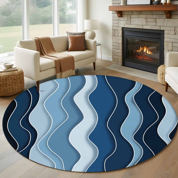 5ft Round Rug, Abstract Blue Moire Non-Skid Rubber Backing Large Area Rugs - Living Room Bedroom Home Office, Gradient Coastal Ocean Geometric Waves Indoor Floor Mat Carpets Washable Rug