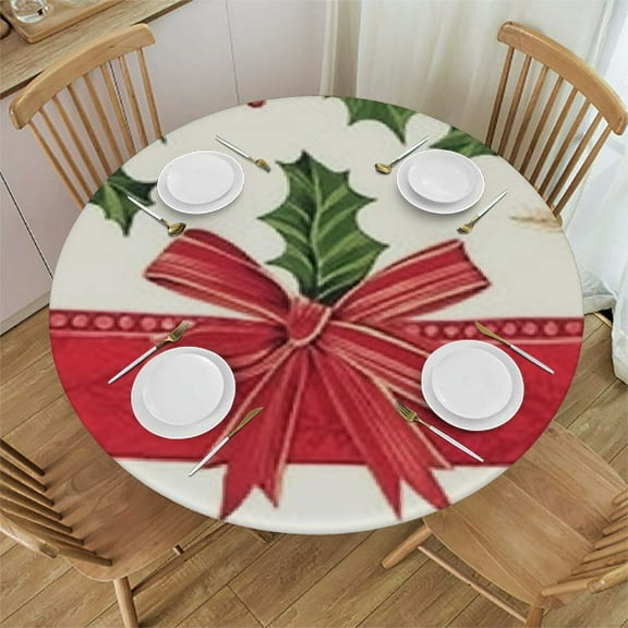 HAOXIT Christmas Tablecloth Round - Holly Ribbon Pattern Washable Wrinkle Resistant Holiday Tablecloths for Christmas Family Gathering, Dining Room Table