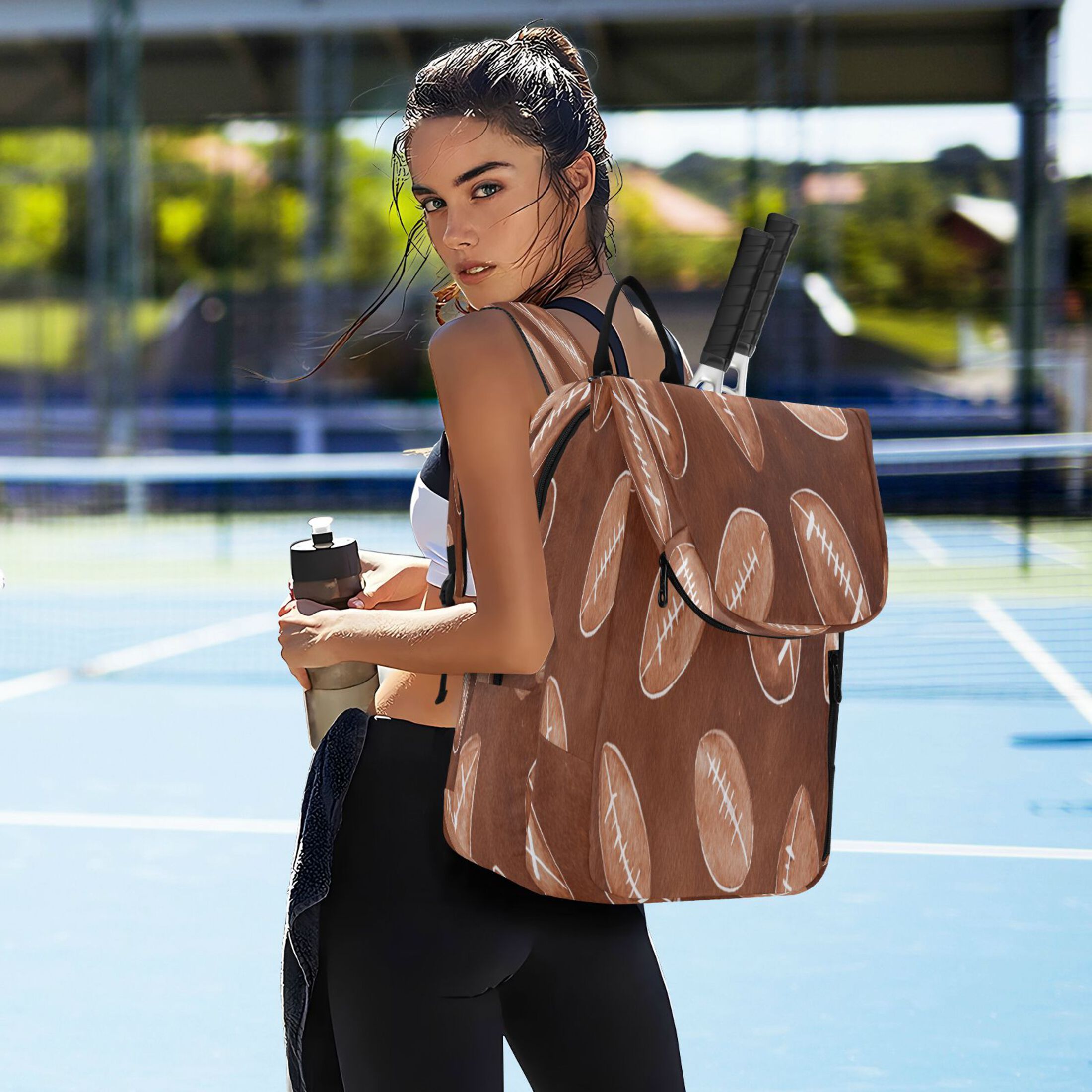 2 Racquet Holder Tennis Backpack Tennis Racket Covers Gym Bags Brown Rugby Balls Pattern