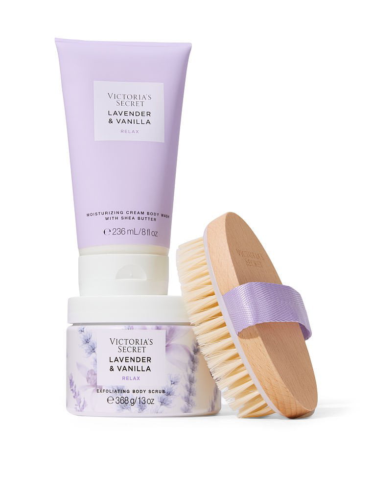 Victoria's Secret Lavender  Vanilla Relax Ritual Kit (Dry Body Brush,  Exfoliating Body Scrub, and Moisturizing Cream Wash) set of