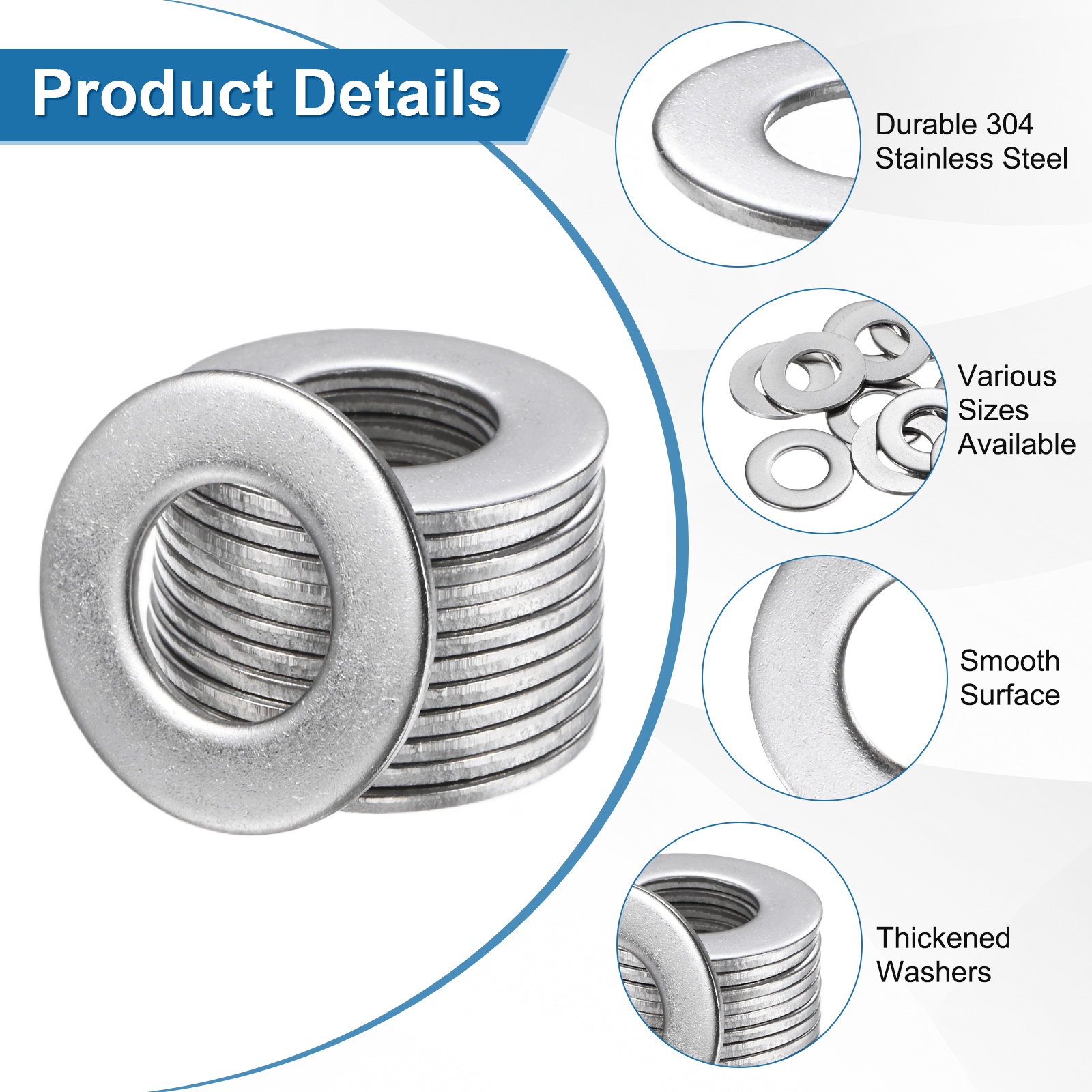 Uxcell 50-Pack 5/8" Flat Washers, 1-5/16" OD 304 Stainless Steel Washers for Bolts Screws Nuts[Silver]