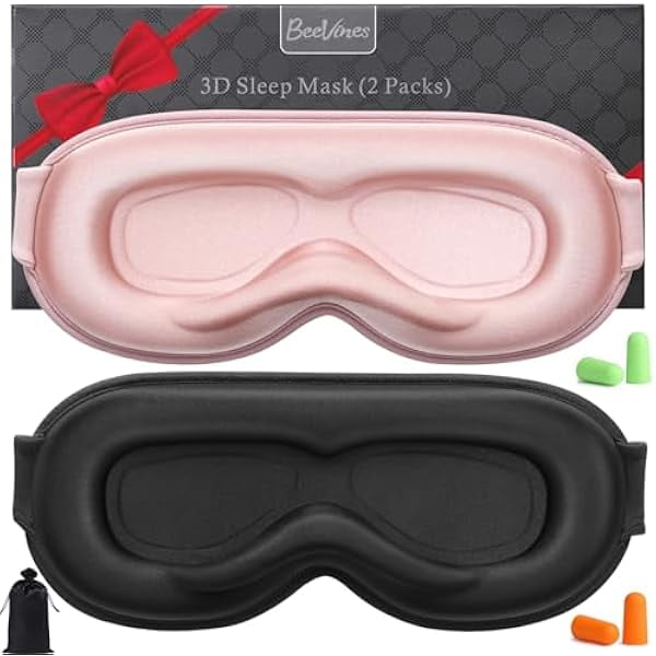 wonima11 BeeVines Sleep Mask, 2 Pack 100% Blackout Masks for Sleep 3D Eye Mask for Women Men, Zero Eye Pressure Sleeping Mask for Side Sleepers, Shade Cover Includes Travel Pouch (001 Black & Pink)