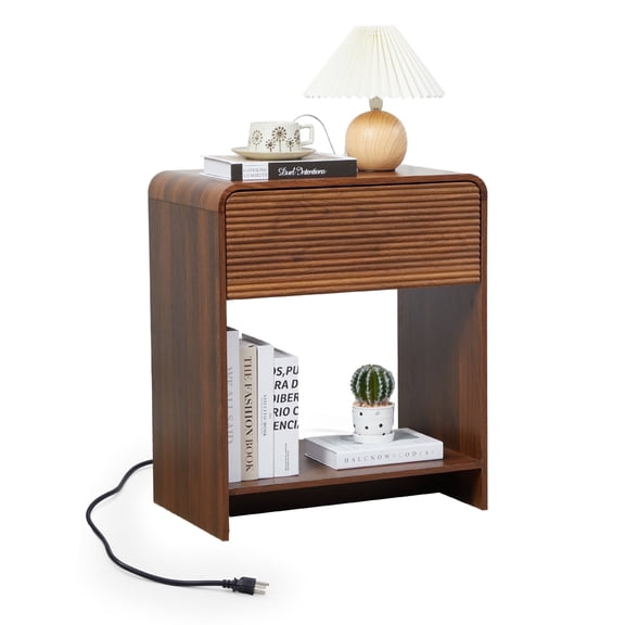 Wirrytor Walnut Fluted Nightstand with Charging Station and Storage Shelf, Modern Bedside Table with 1 Drawer for Bedroom, Space Saving End Table for Living Room Or Home Office