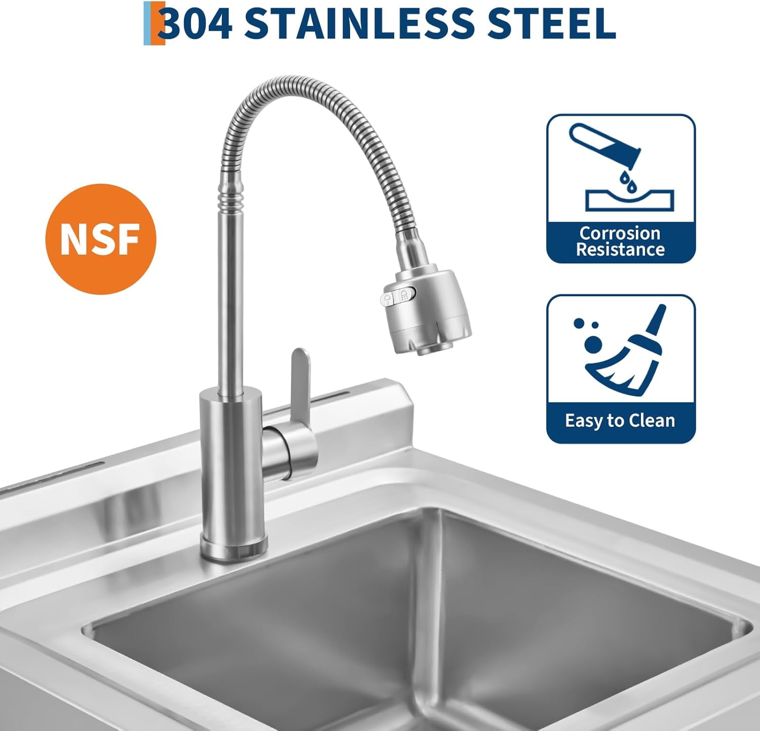 Rugerasy Stainless Steel Utility Sink,Free Standing Single Bowl Kitchen Sink,Adjustable Leg Height,w/Faucet,Hot and Cold Water Pipes,Commercial Laundry Tub,Hook,Storage Shelf for Indoor Outdoor
