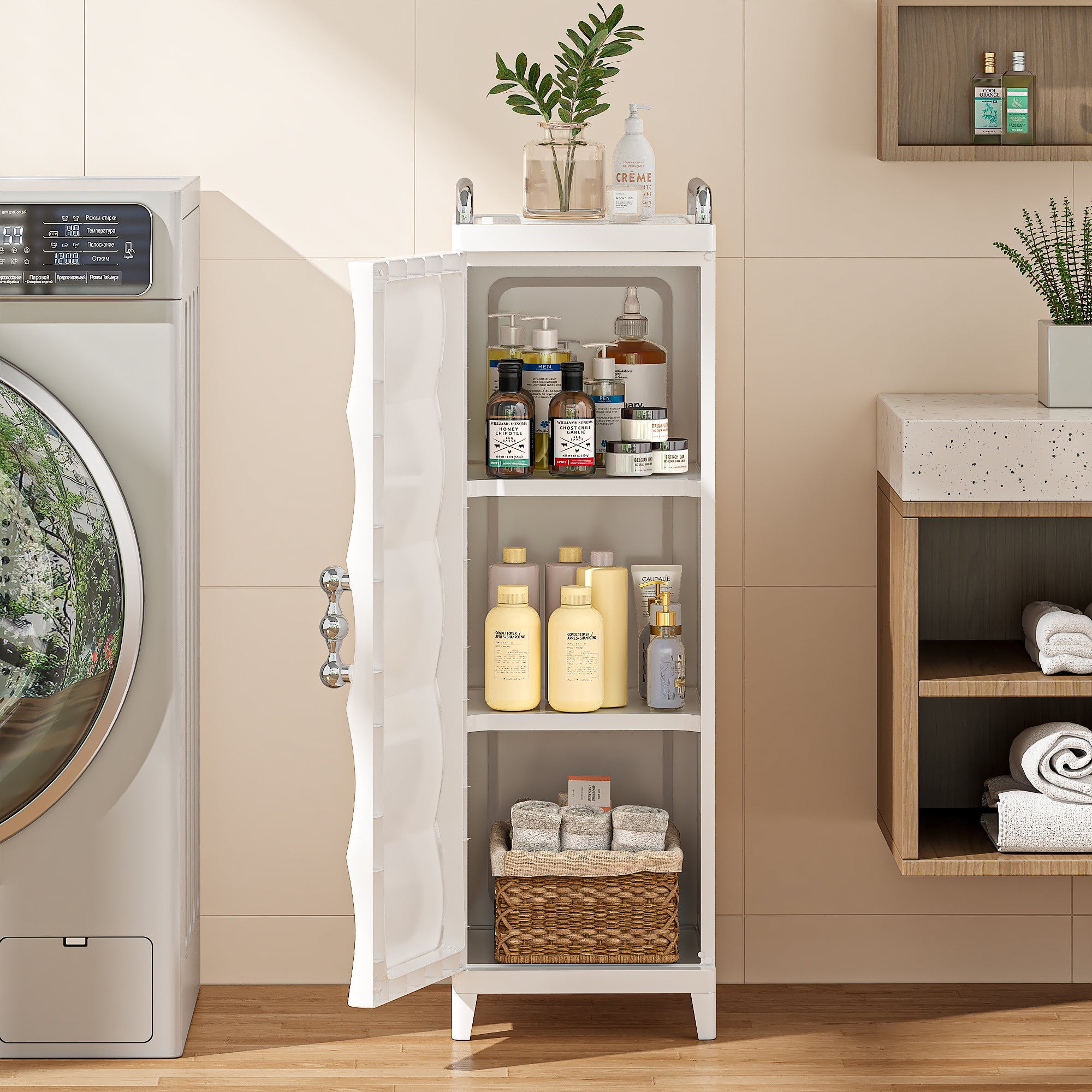 VECELO Narrow Bathroom Storage Cabinet with Door, 29.7” H Slim Freestanding Foldable Cabinet with Adjustable Shelves, for Small Spaces, Kitchen, White