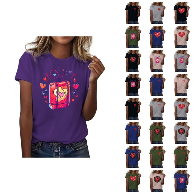 T-shirts pour Femmes de la Saint-Valentin 2026 Mode Manches Courtes Col Rond avec Cœur Graphique